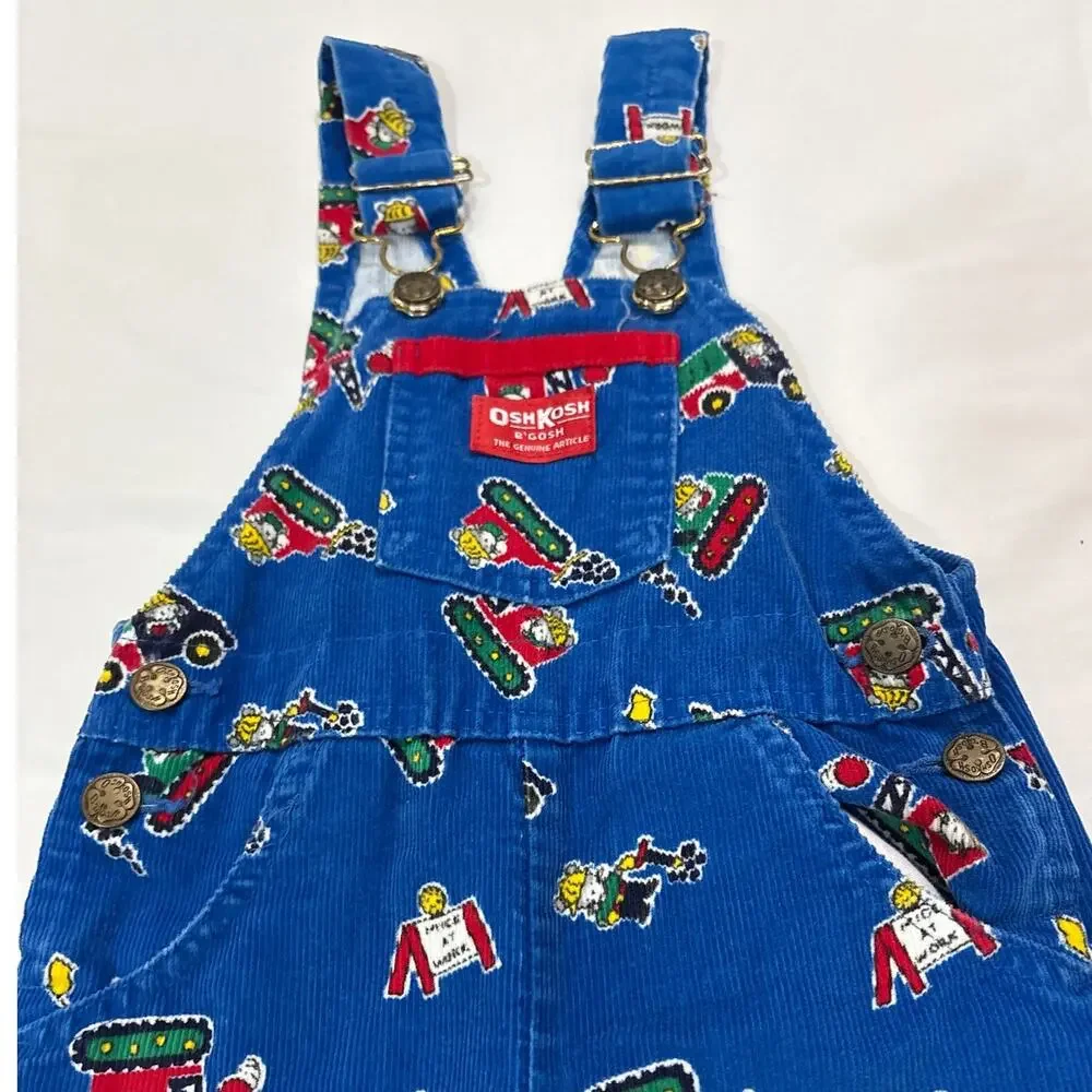 Vintage 90s OshKosh Boys Mice At Work Construction Print Corduroy Overalls 2T